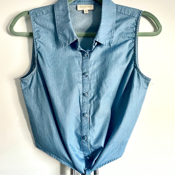 Modcloth Blue Chambray Button Up Sleeveless Tie Waist Top Blouse Size M EUC - Picture 4 of 12